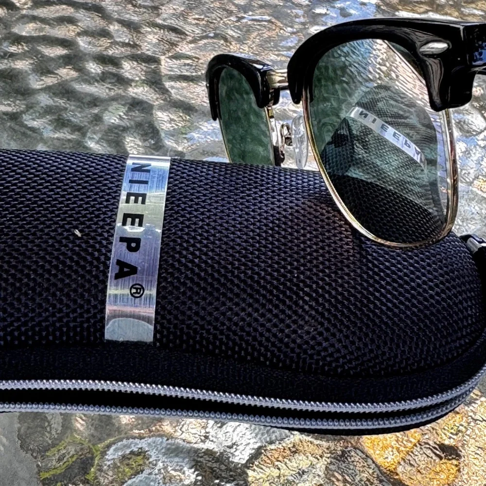NIEEPA Clubmaster Style Reflective Sunglasses Black Gold Lenses Vintage Inspired